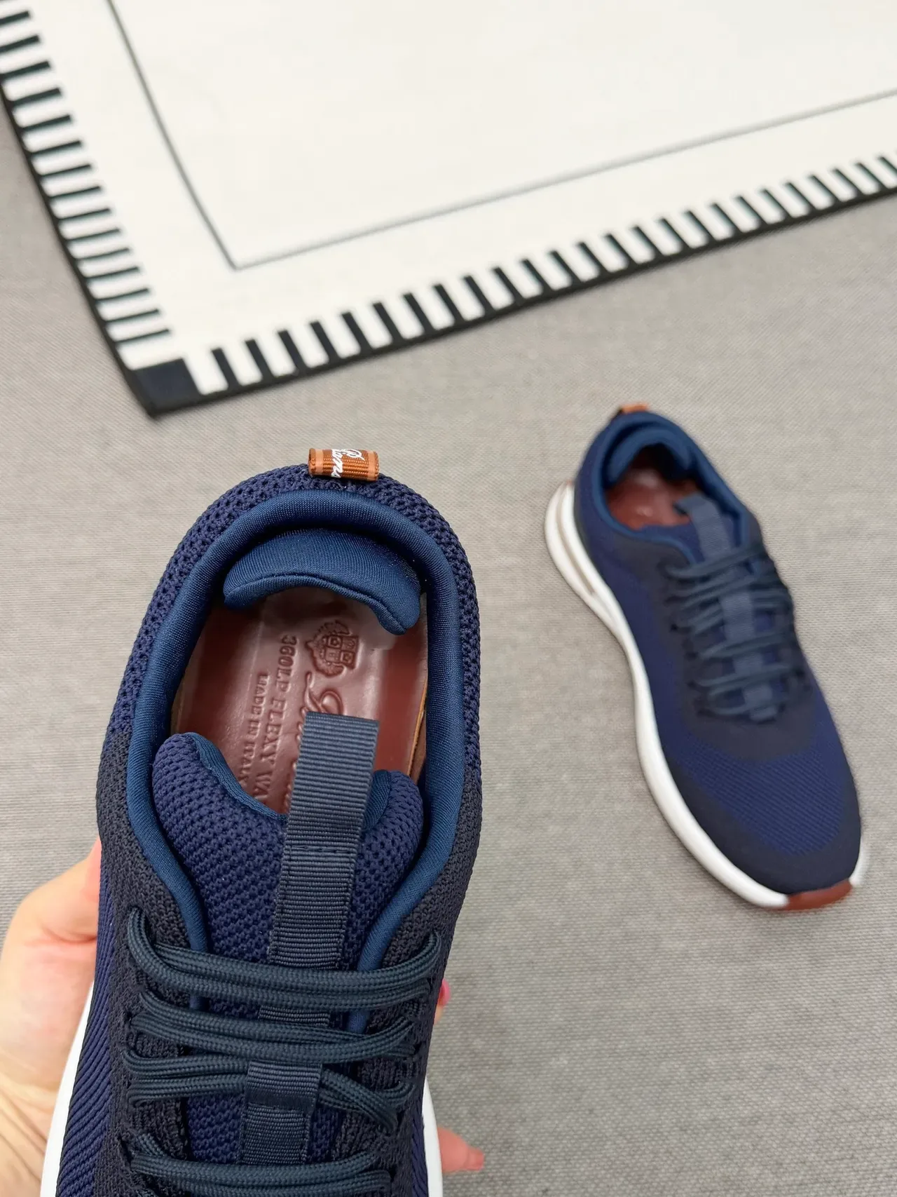 Navy Brown Knit Upper Contrast White Midsole Sneakers 3