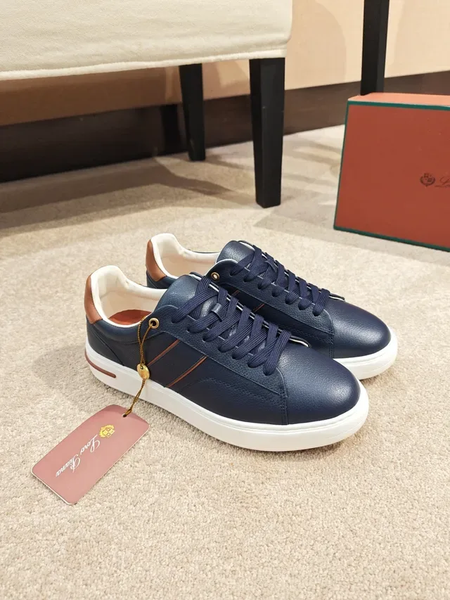 Navy Brown Leather Upper Side Stripe Accent Sneakers 5