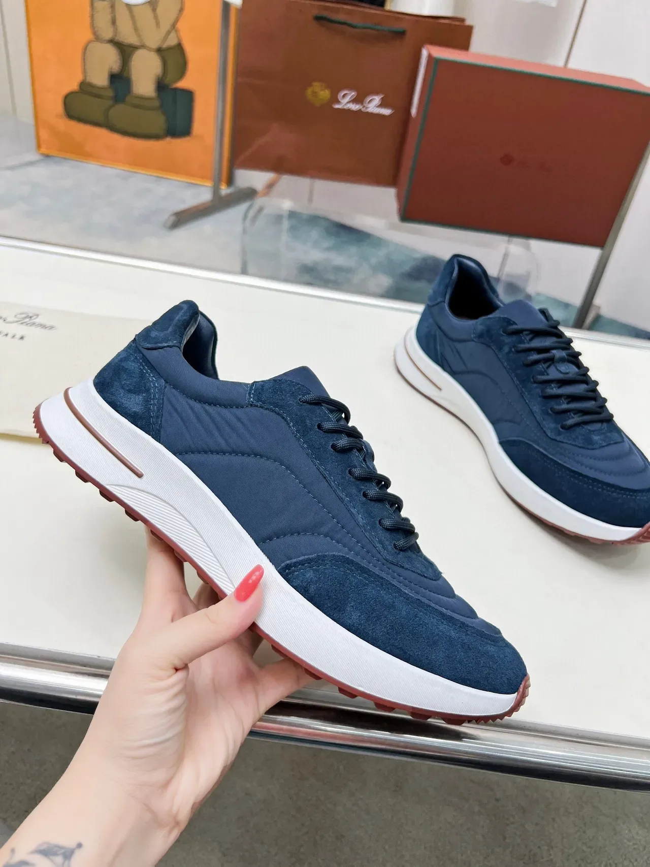 Navy Brown Suede And Nylon Upper White Sculpted Midsole Lifestyle Sneakers 2