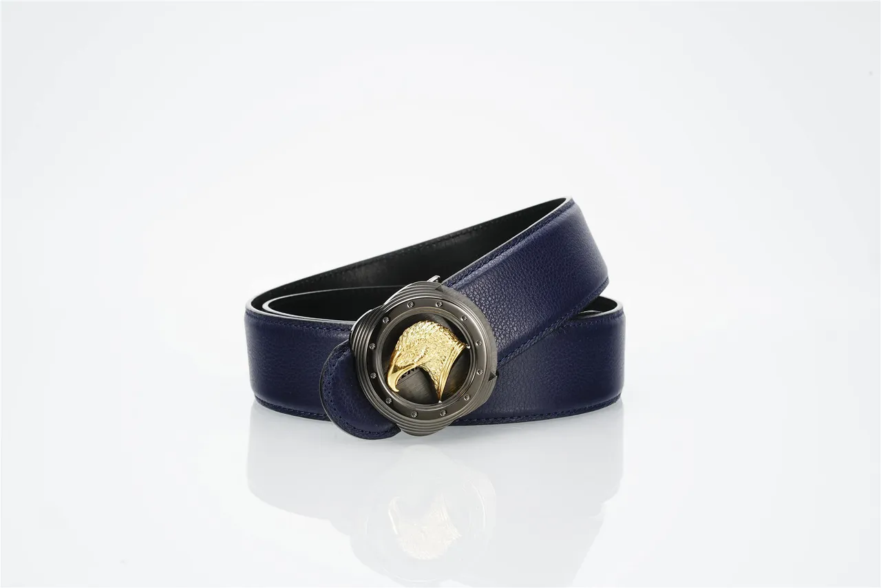 Navy Gold Textured Pebbled Eagle Head Buckle Leather Belt 4