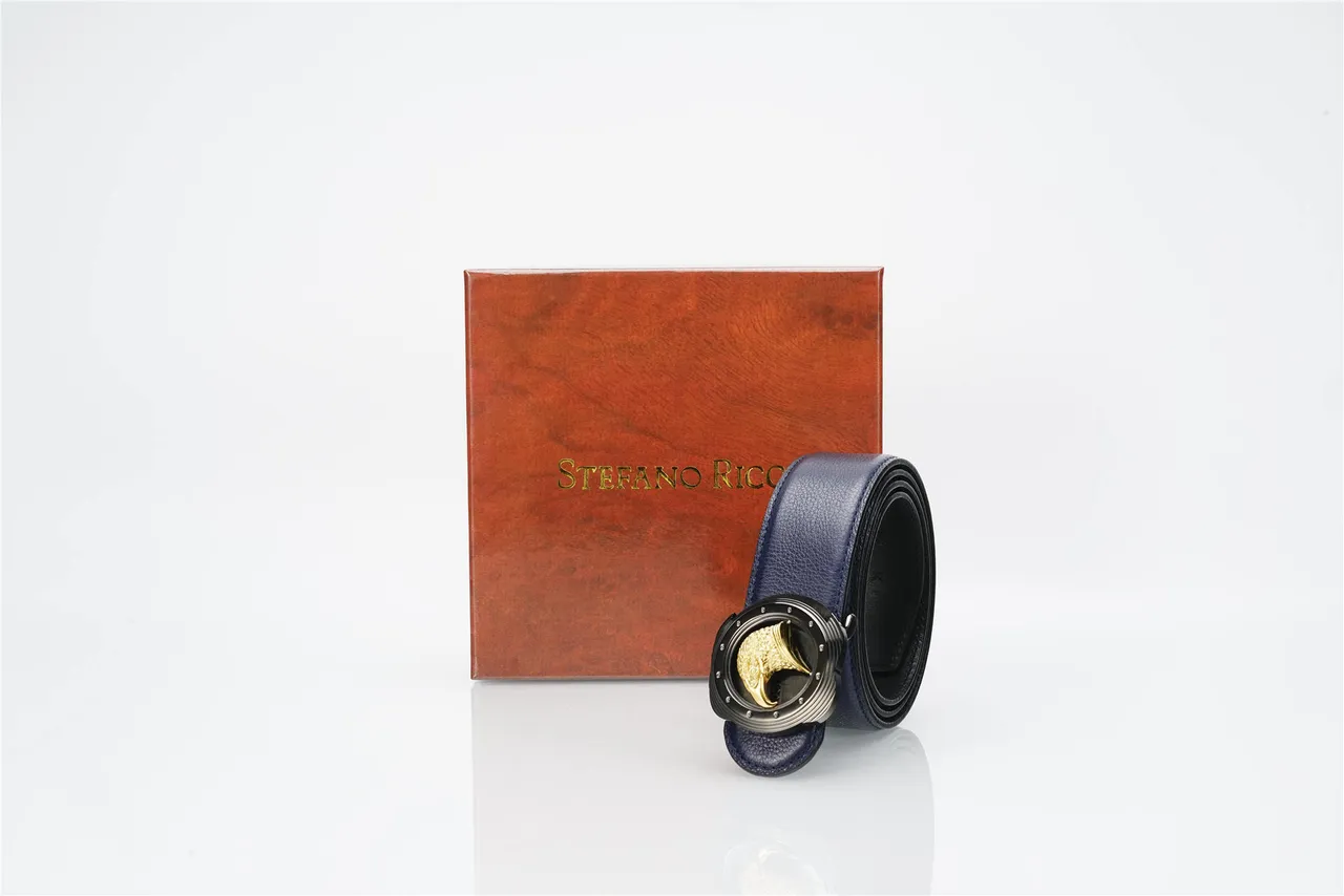 Navy Gold Textured Pebbled Eagle Head Buckle Leather Belt 6