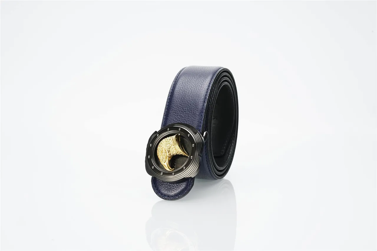 Navy Gold Textured Pebbled Eagle Head Buckle Leather Belt 7