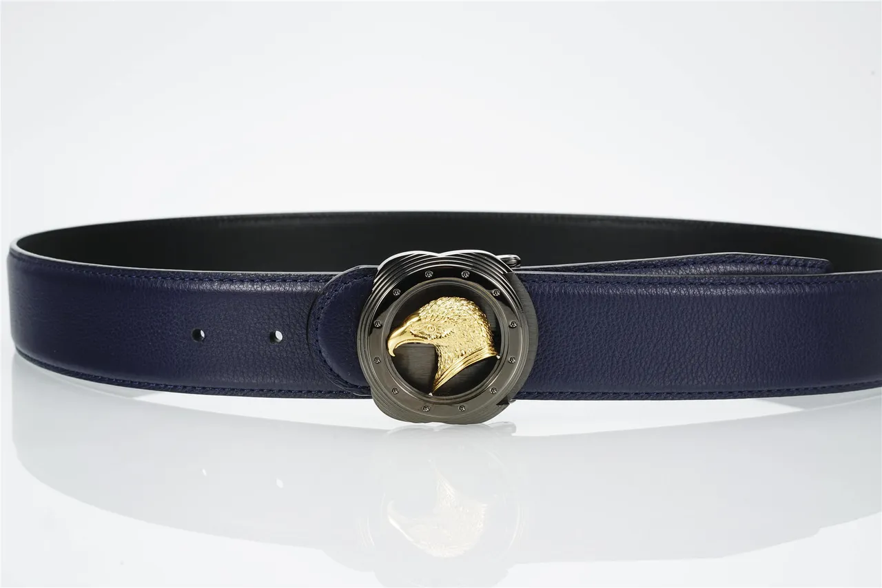 Navy Gold Textured Pebbled Eagle Head Buckle Leather Belt 8