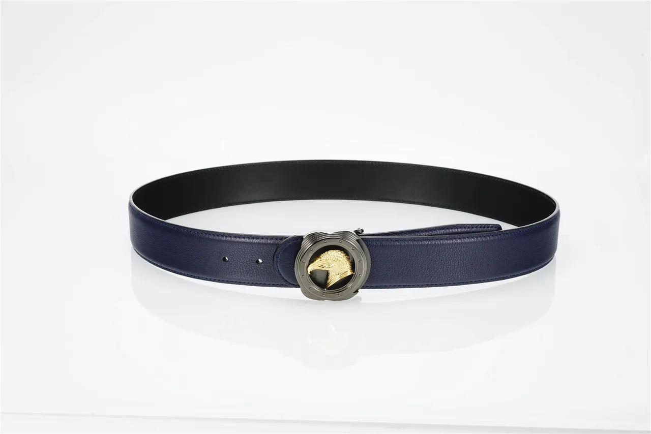 Navy Gold Textured Pebbled Eagle Head Buckle Leather Belt 9