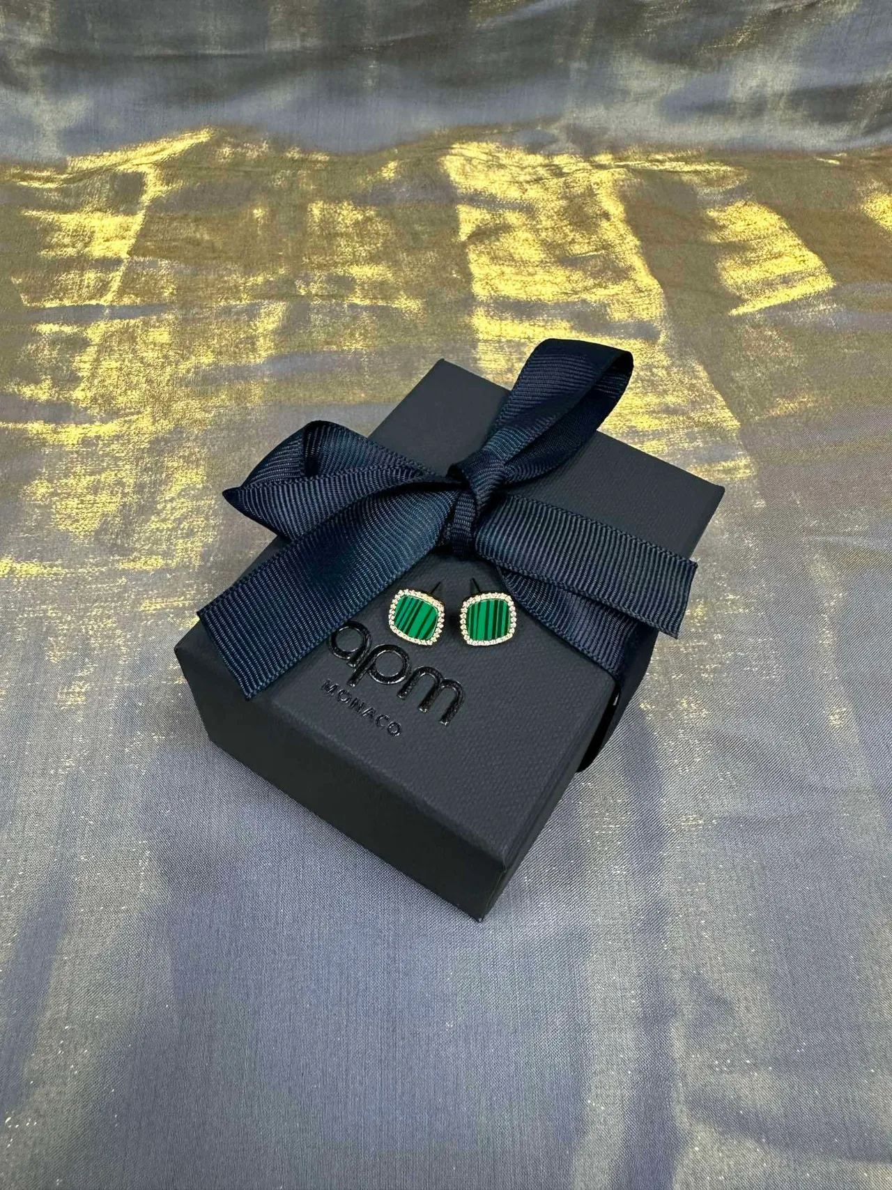 Navy Green Rectangular Blue Fabric Backing Dual Striped Square Motifs Jewelry 6