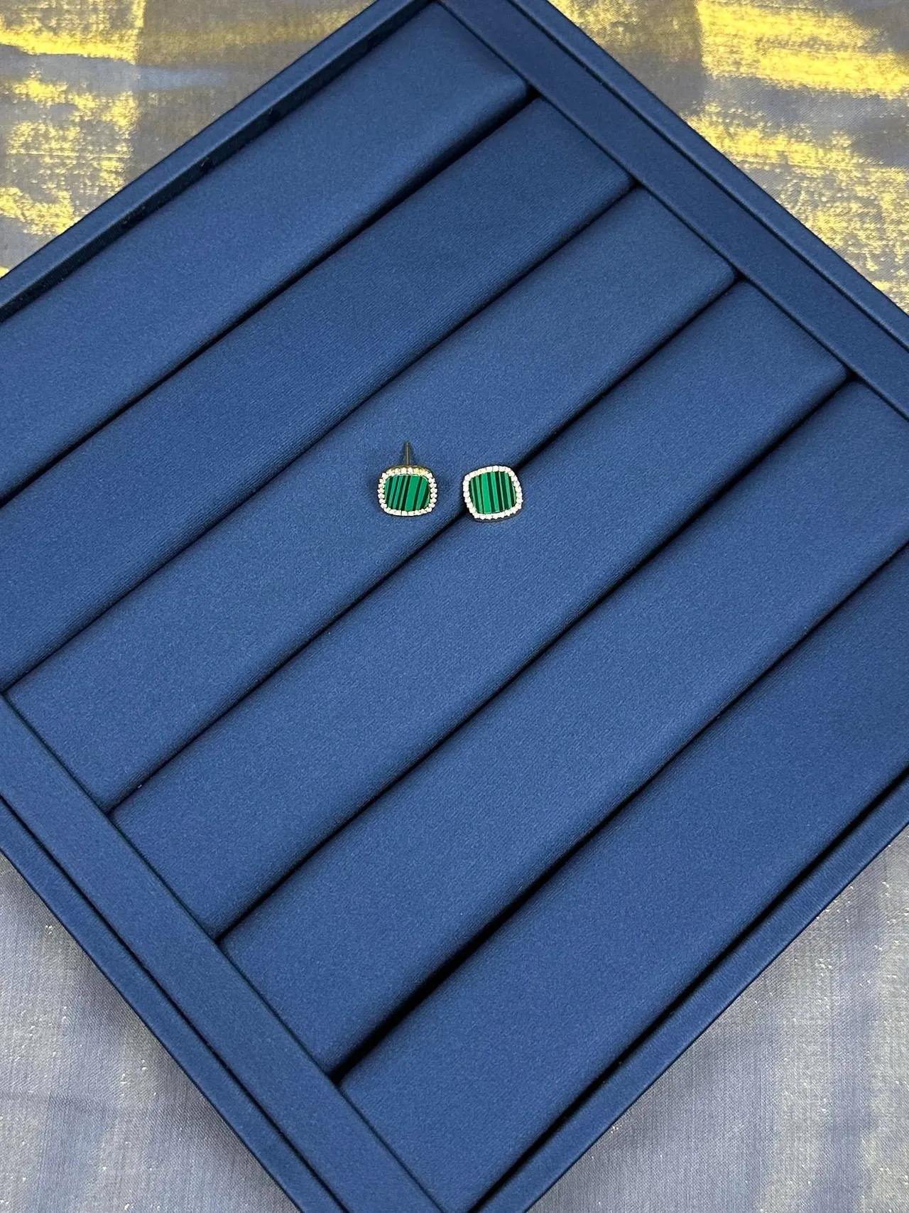 Navy Green Rectangular Blue Fabric Backing Dual Striped Square Motifs Jewelry 7