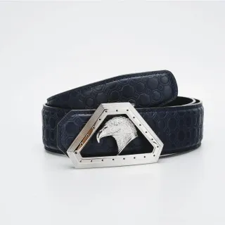 Navy Silver Honeycomb-Embossed Eagle-Head Buckle Leather Belt