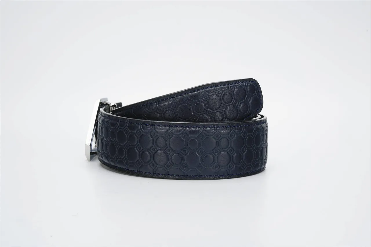 Navy Silver Honeycomb-Embossed Eagle-Head Buckle Leather Belt 3