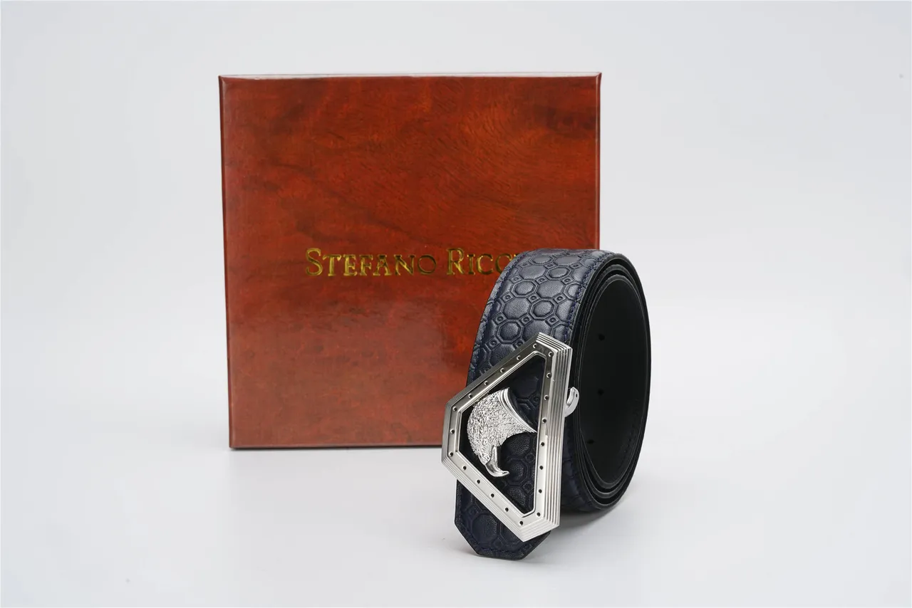 Navy Silver Honeycomb-Embossed Eagle-Head Buckle Leather Belt 6