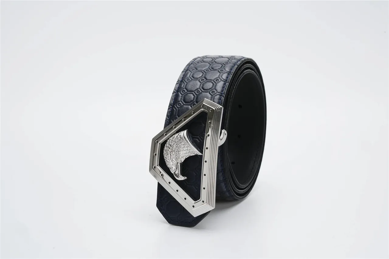Navy Silver Honeycomb-Embossed Eagle-Head Buckle Leather Belt 7