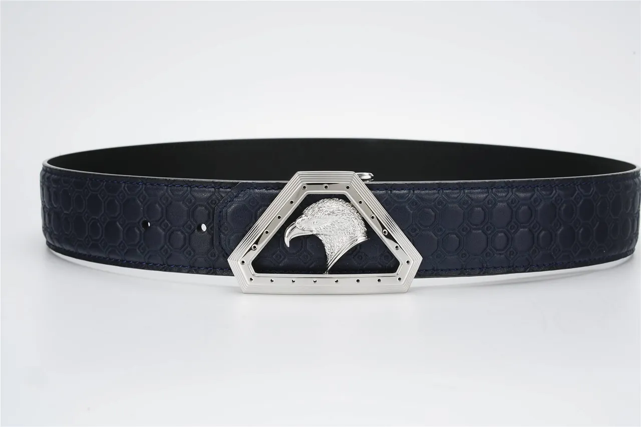 Navy Silver Honeycomb-Embossed Eagle-Head Buckle Leather Belt 8