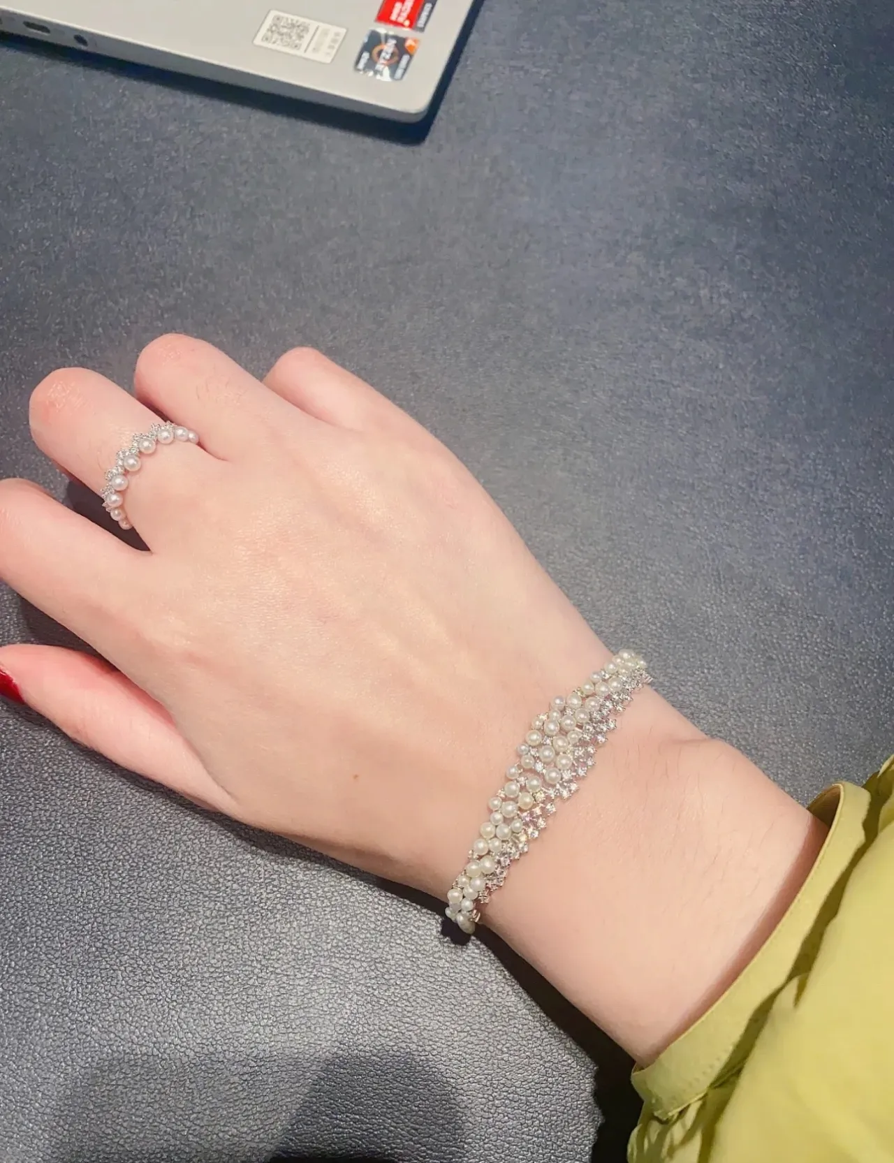 Navy Silver Pearl-Embellished Crystal-Accented Bracelet 3