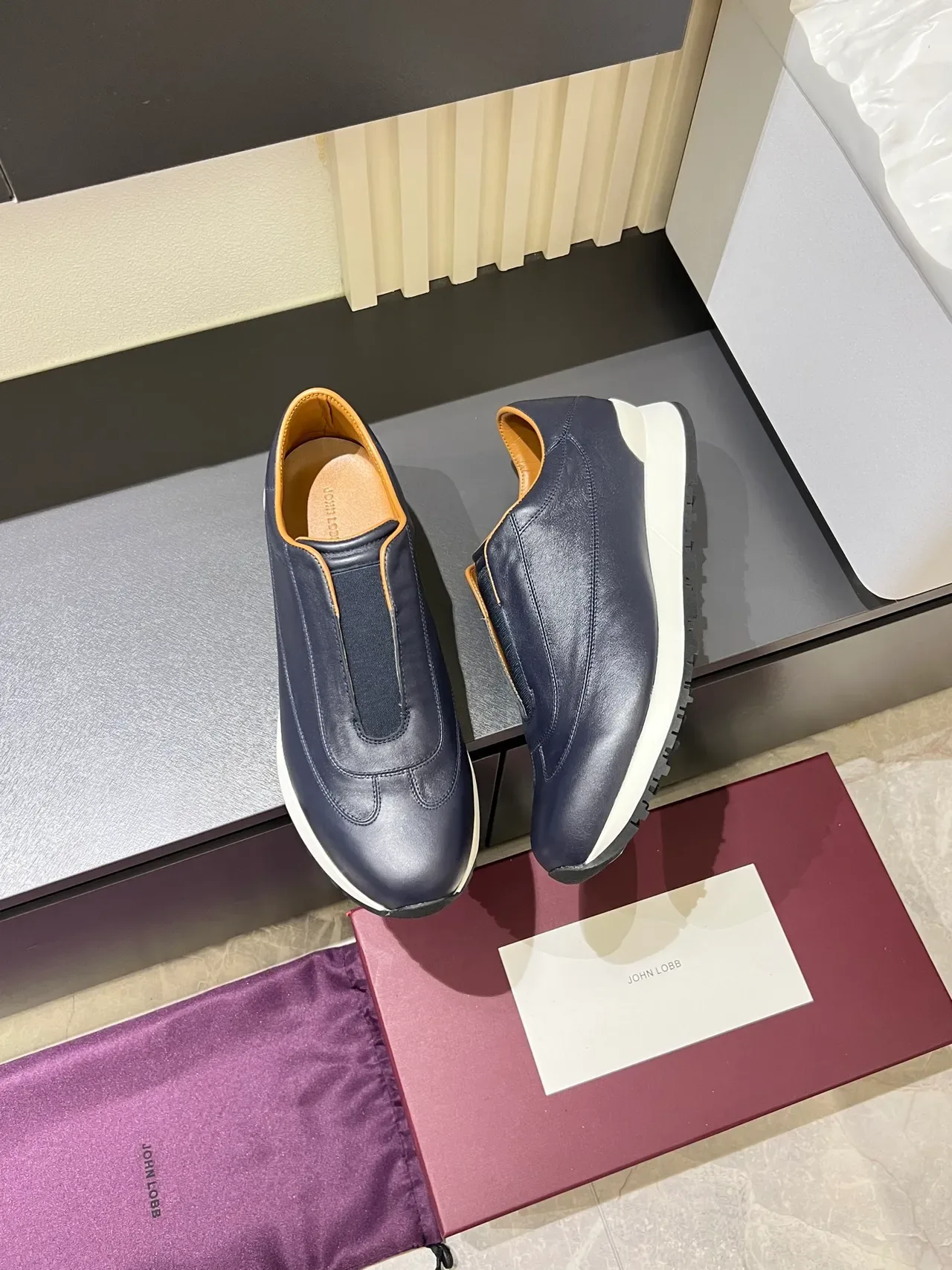 Navy White Leather Slip-On Elastic Gusset Lifestyle Sneakers 4