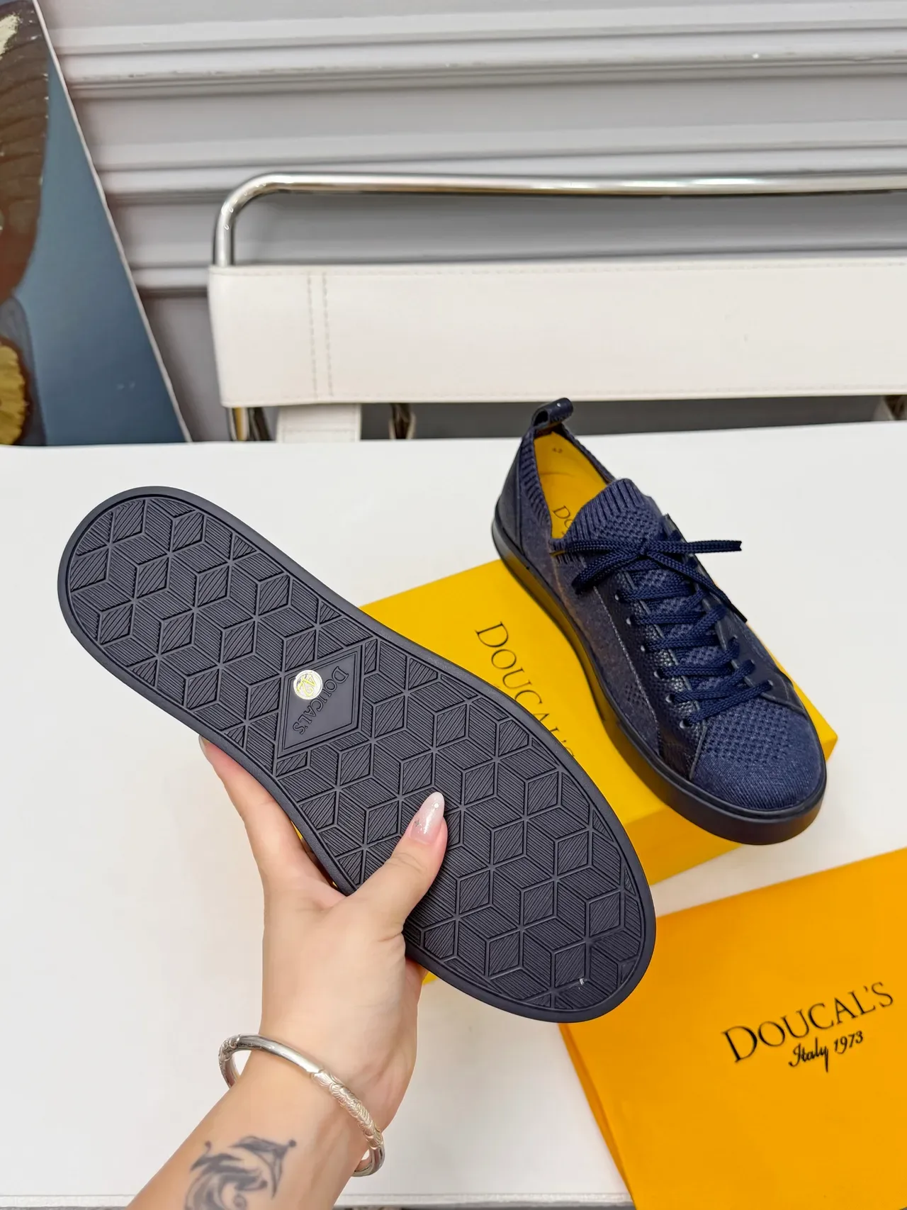 Navy Yellow Knit Upper Textured Leather Panels Sneakers 2