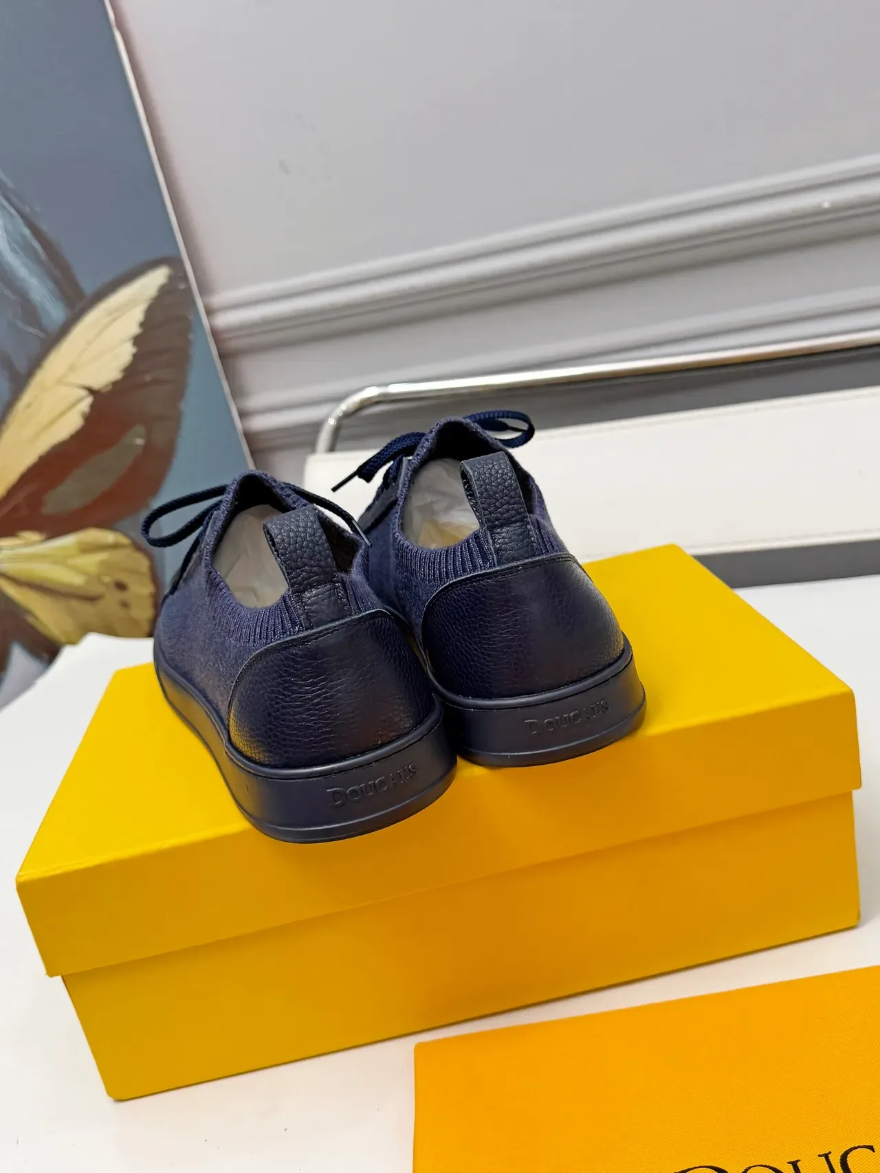 Navy Yellow Knit Upper Textured Leather Panels Sneakers 3