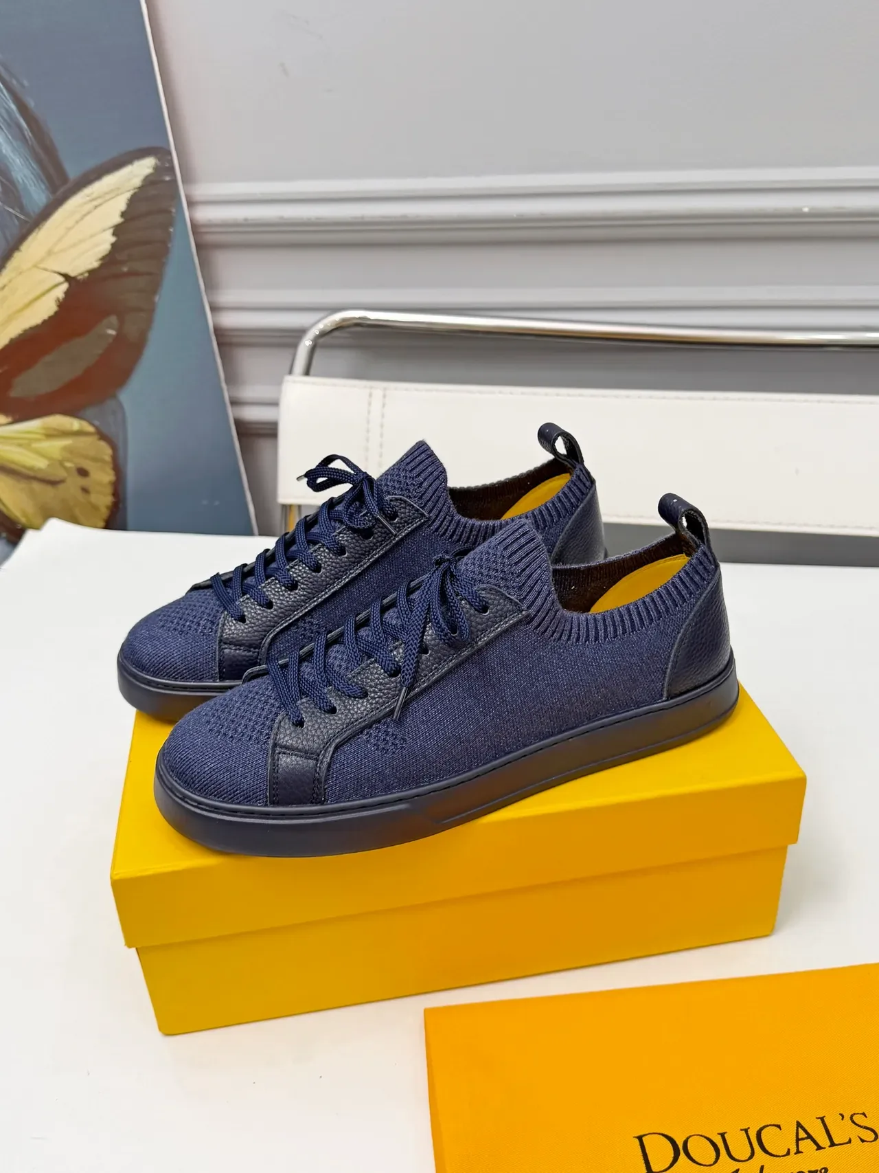 Navy Yellow Knit Upper Textured Leather Panels Sneakers 4