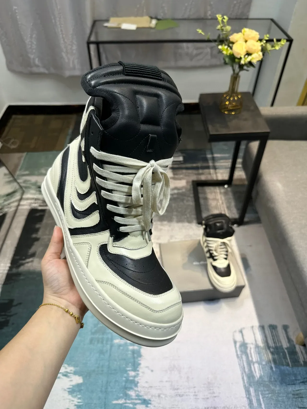 Off-White Cream and Black Wave-Panel High-Top Sneaker 6