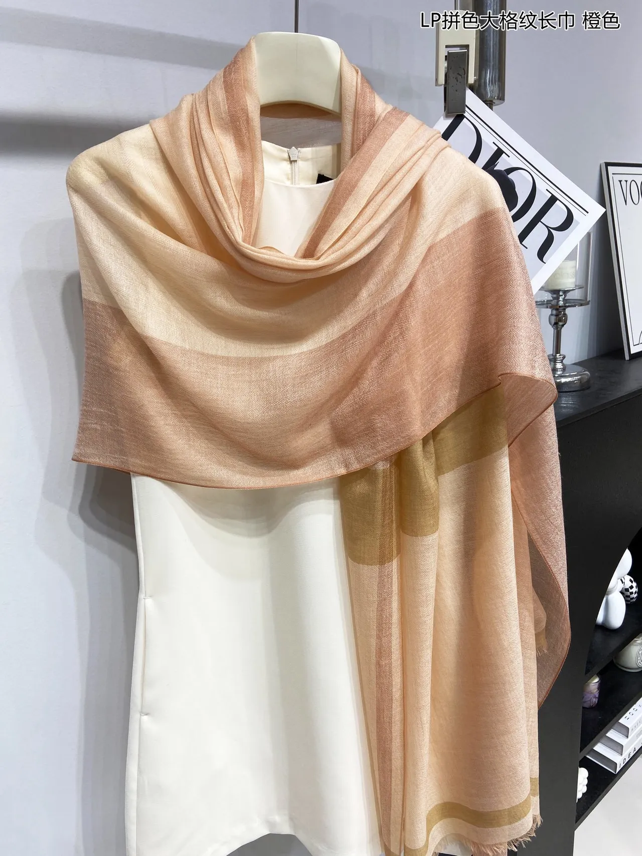 Orange and Beige Color-Block Fringed Shawl 1