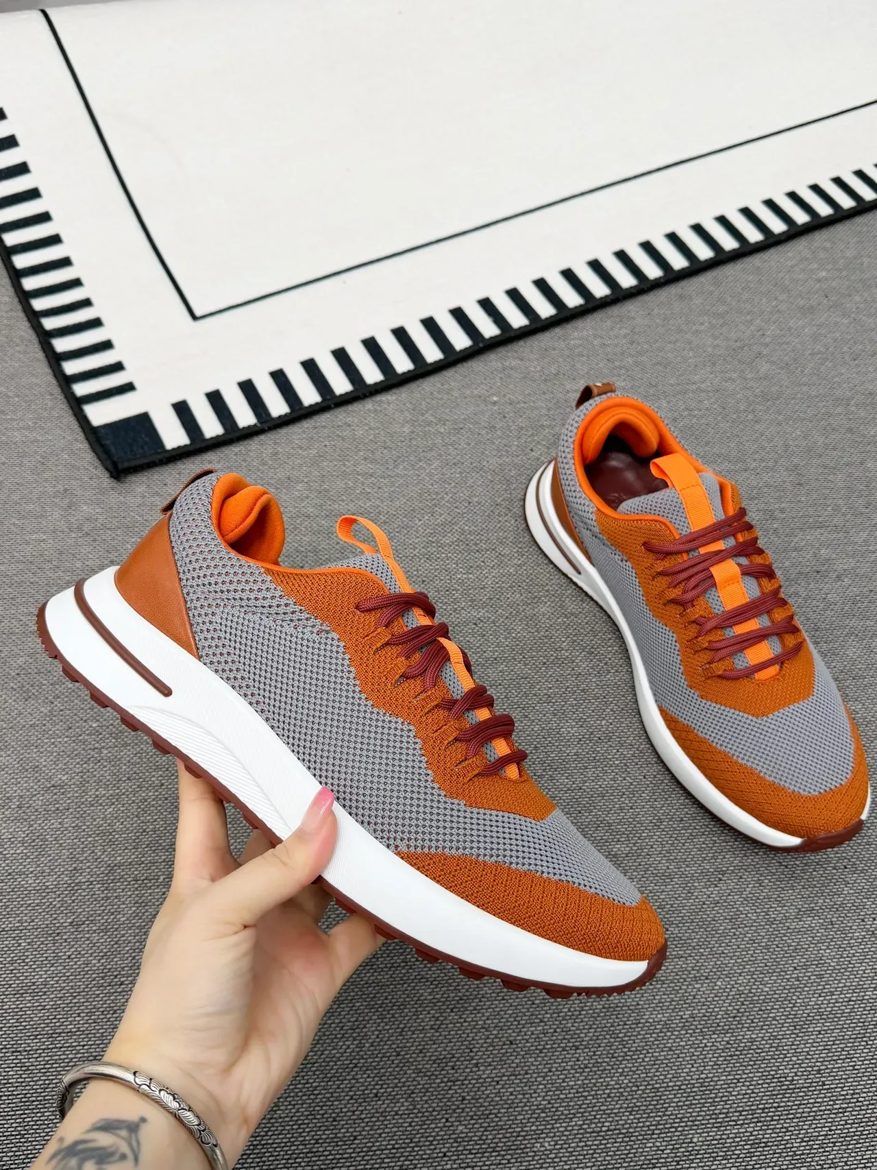 Orange and Gray Knit Color-Block Lifestyle Sneakers 1