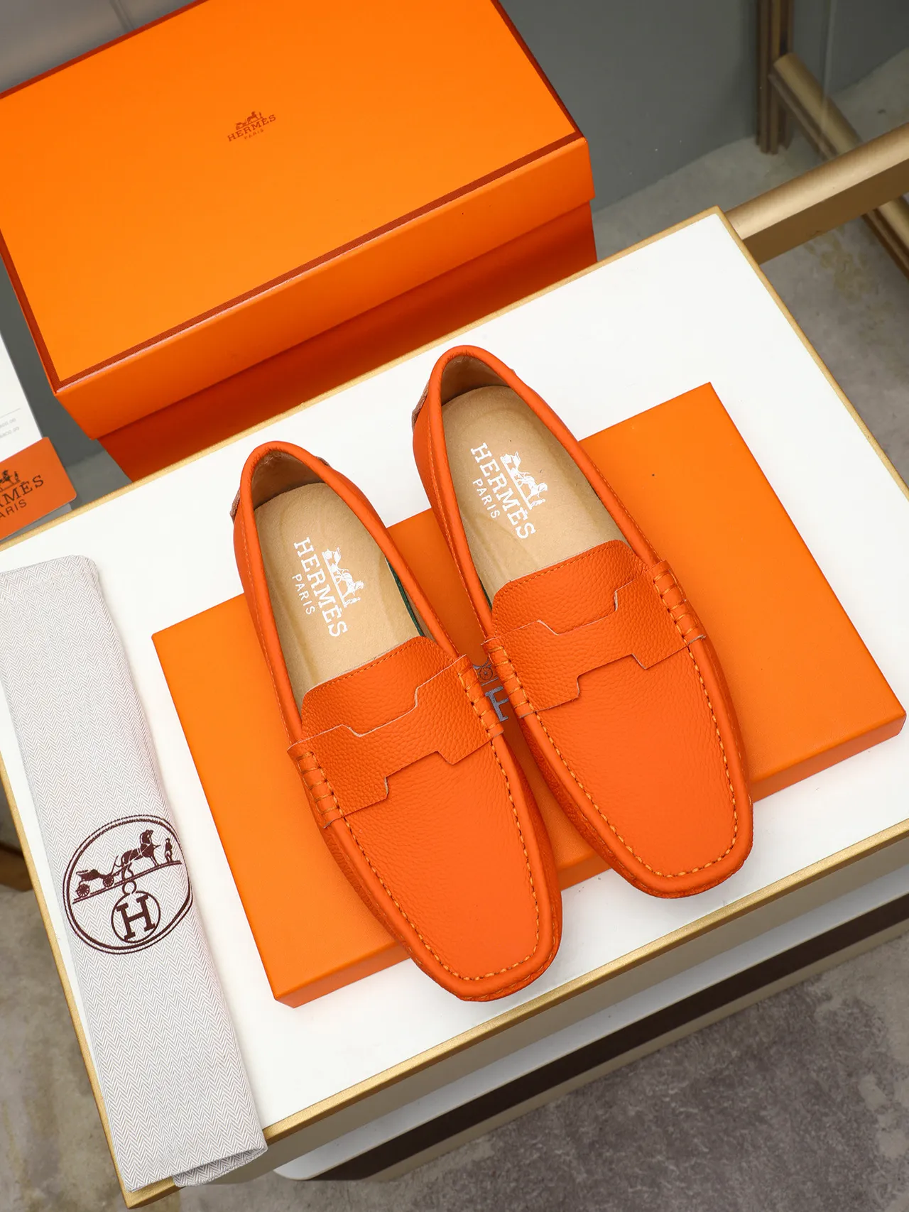 Orange Pebbled Leather Moc-Toe Slip-On Loafers 2