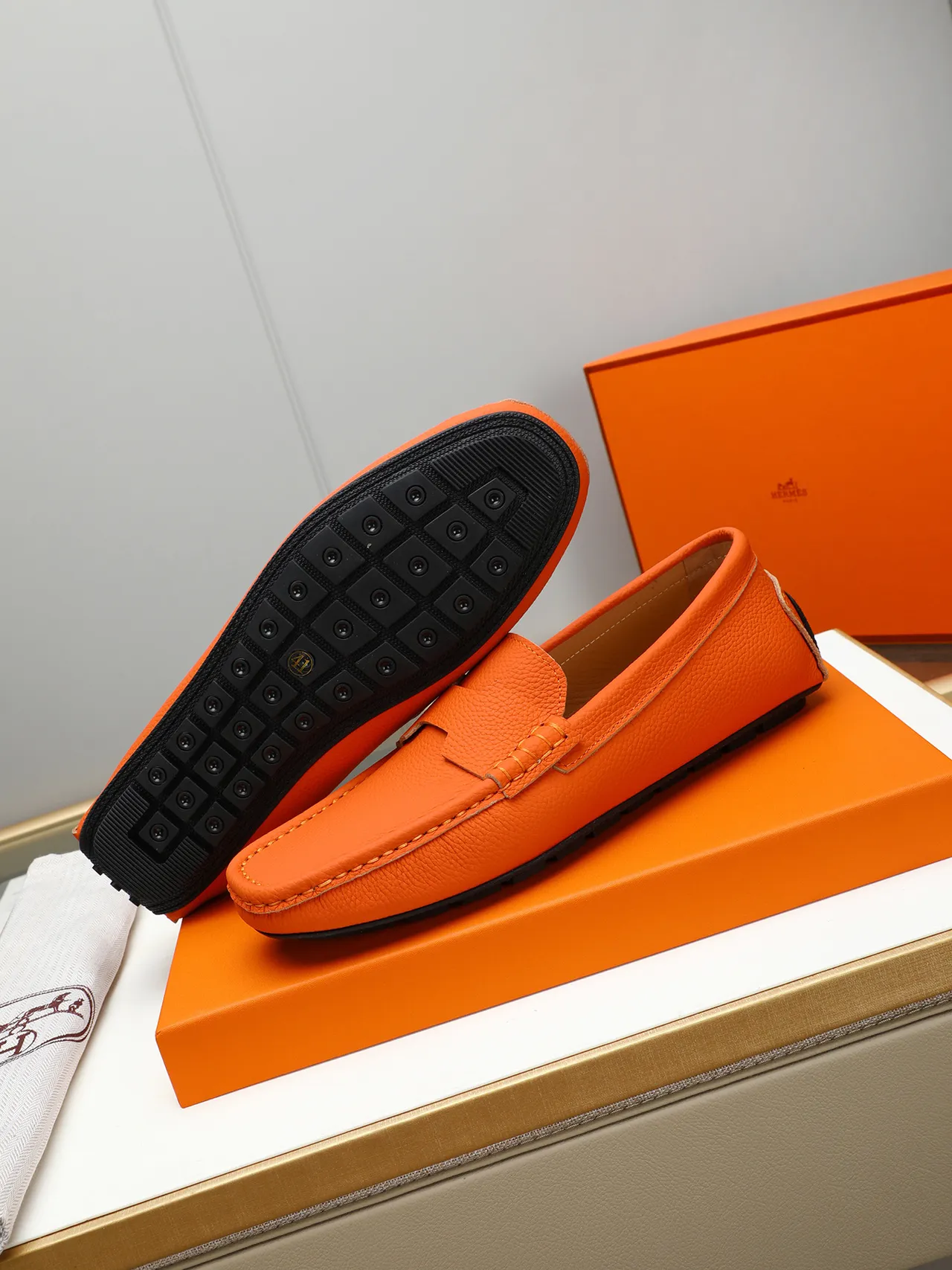 Orange Pebbled Leather Moc-Toe Slip-On Loafers 4
