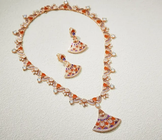 Orange Purple Fan-Shaped Pendant Geometric Gemstone Setting Necklace 3