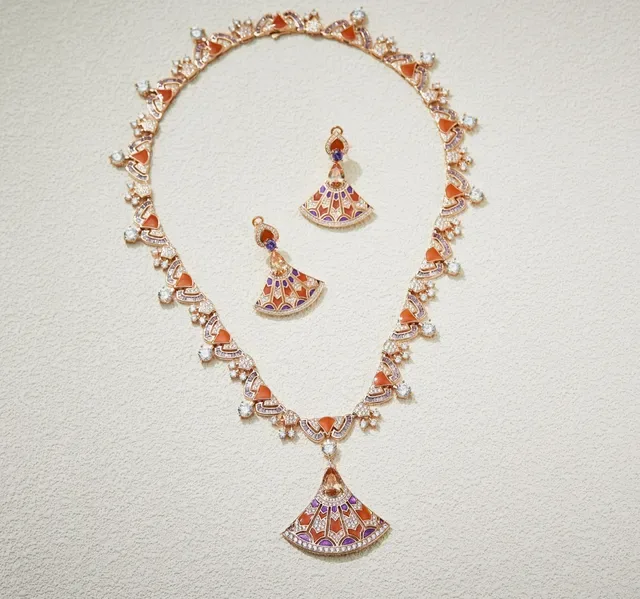 Orange Purple Fan-Shaped Pendant Geometric Gemstone Setting Necklace 4