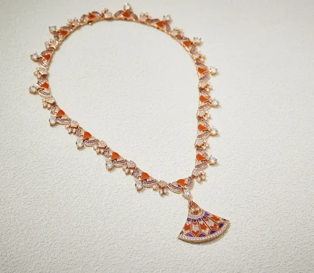 Orange Purple Fan-Shaped Pendant Geometric Gemstone Setting Necklace 5