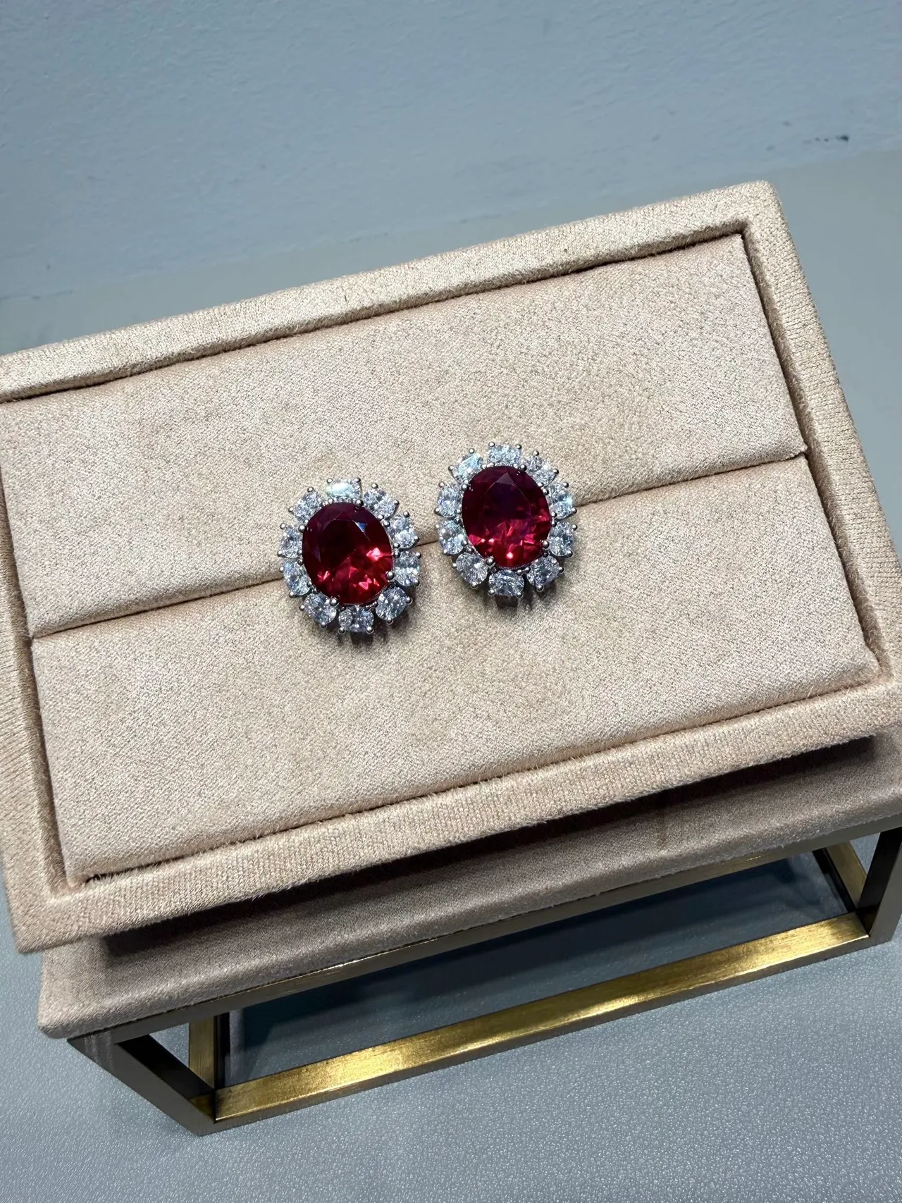 Oval Red Gemstone Halo Cluster Earring 8