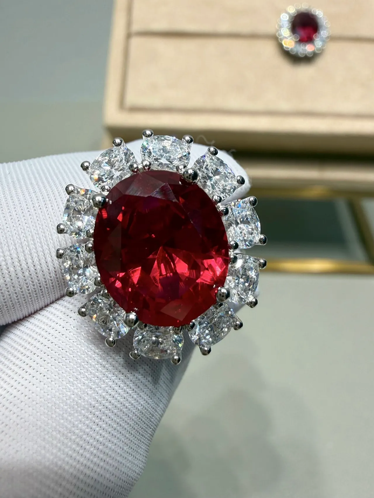 Oval Red Gemstone Halo Cluster Earring 9