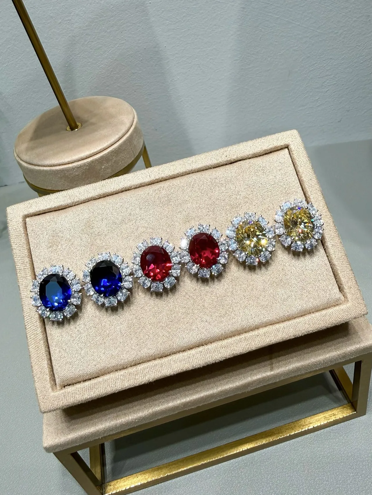 Oval Red Gemstone Halo Cluster Earring 2