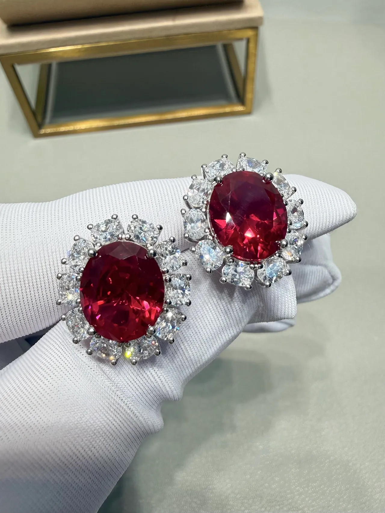 Oval Red Gemstone Halo Cluster Earring 3