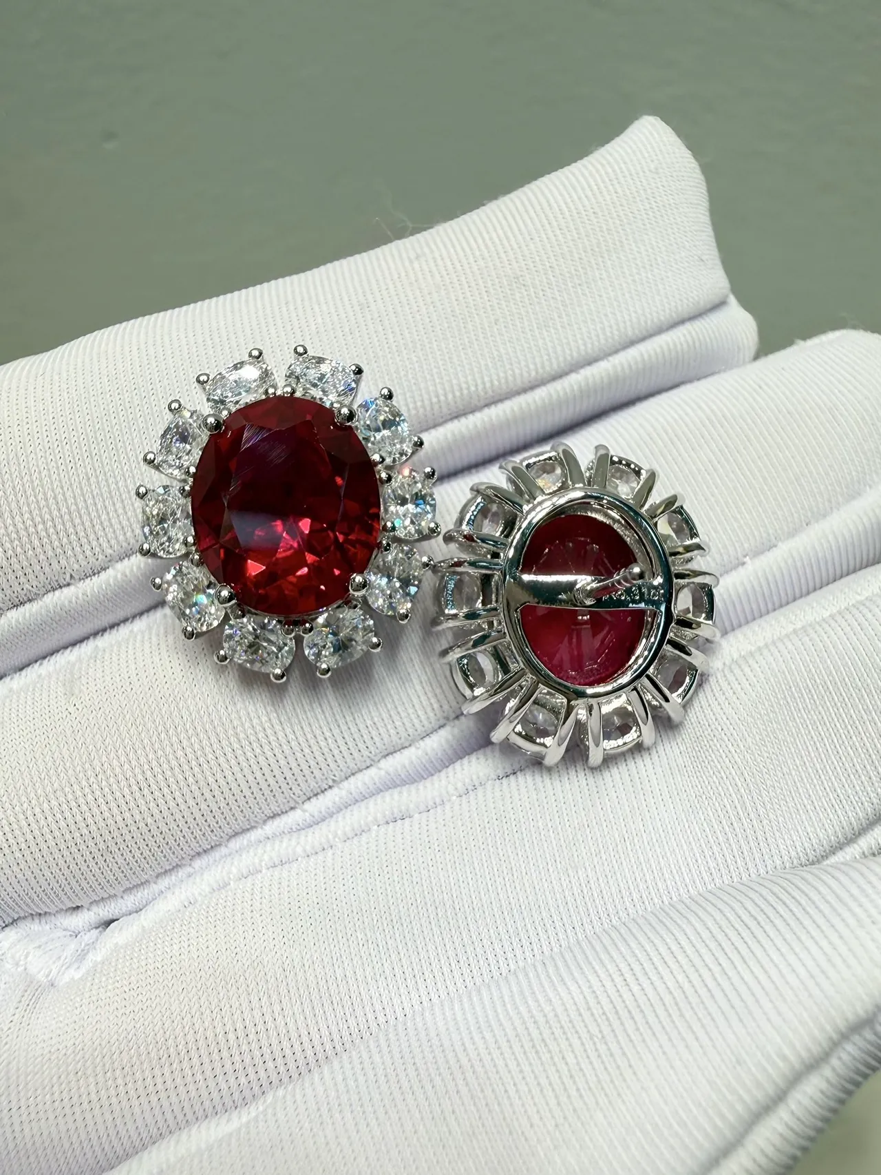 Oval Red Gemstone Halo Cluster Earring 4