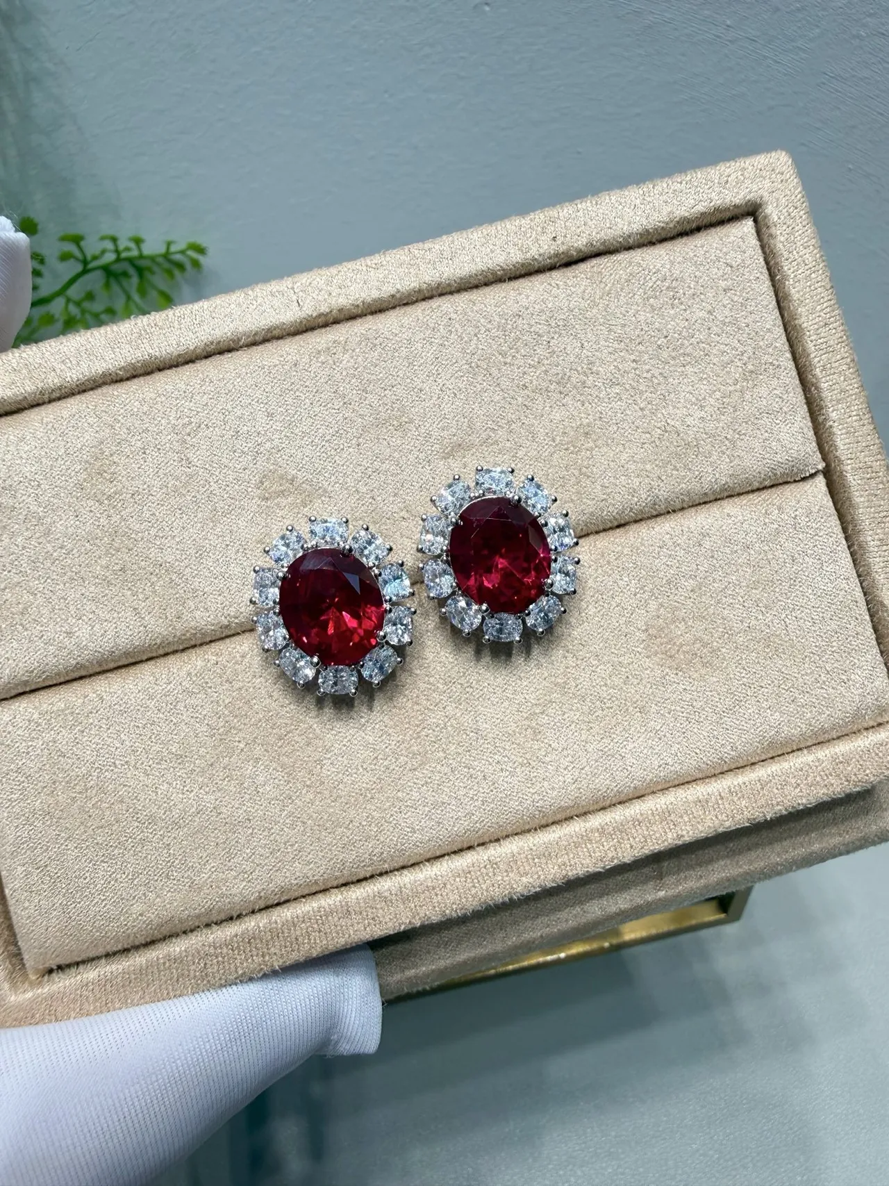 Oval Red Gemstone Halo Cluster Earring 6