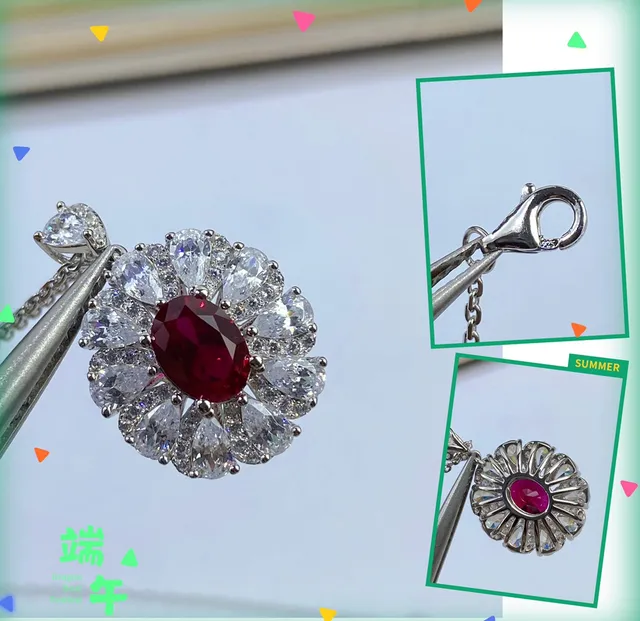 Oval Ruby Halo Floral Cluster Pendant Necklace 2