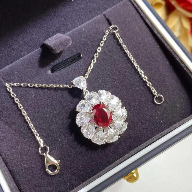 Oval Ruby Halo Floral Cluster Pendant Necklace 4