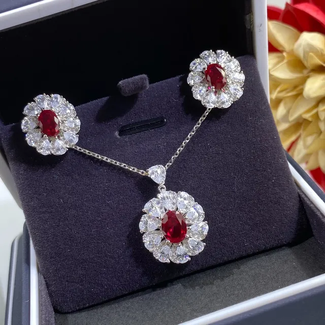 Oval Ruby Halo Floral Cluster Pendant Necklace 6