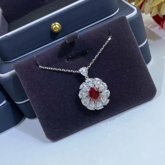 Oval Ruby Halo Floral Cluster Pendant Necklace 7