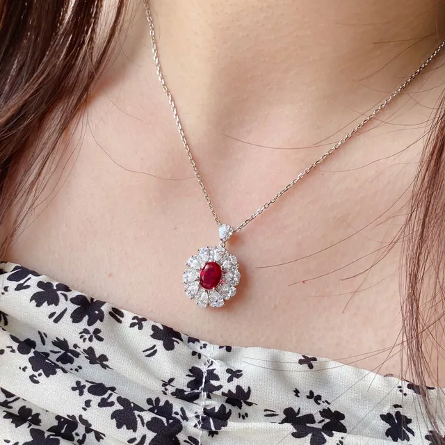 Oval Ruby Halo Floral Cluster Pendant Necklace 8
