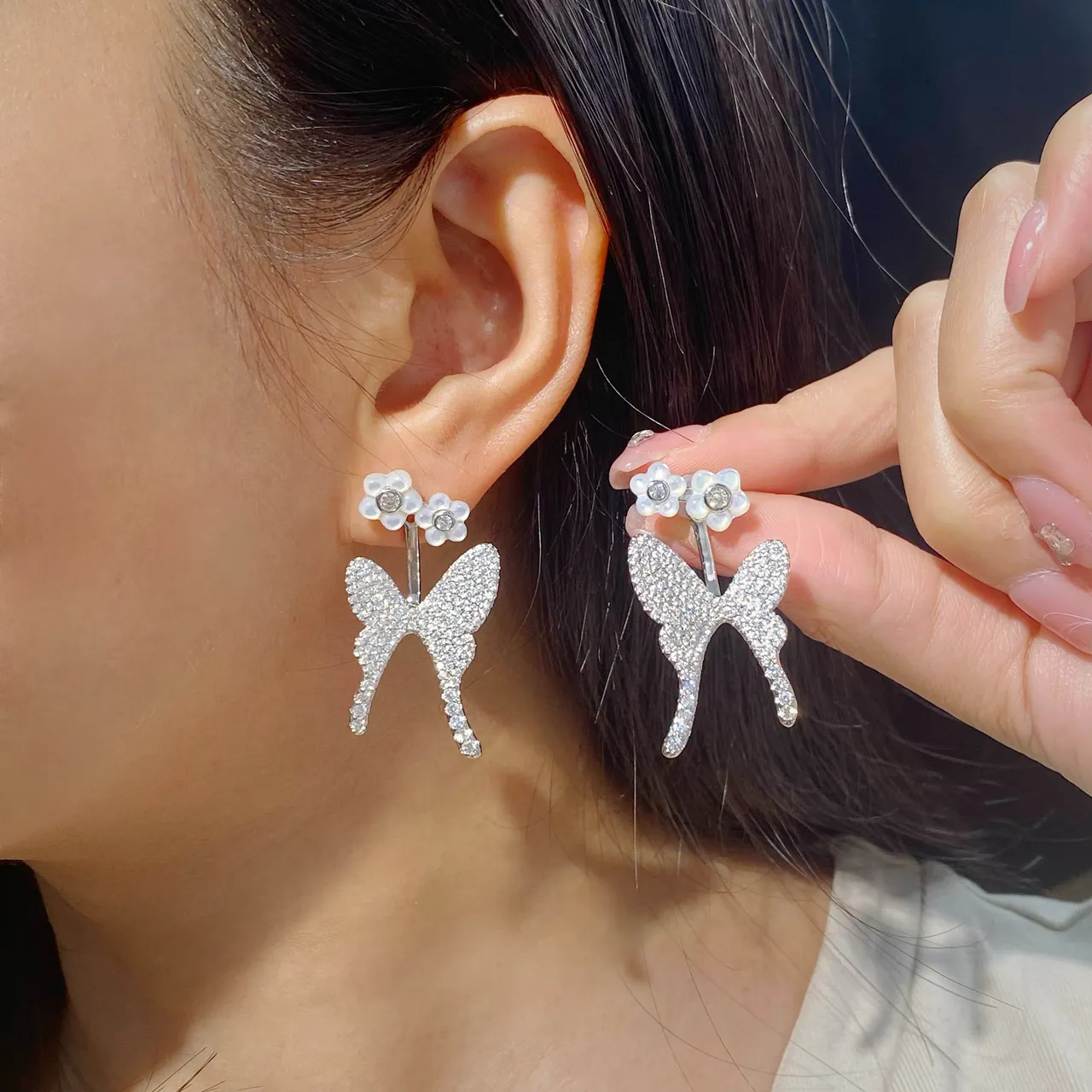 Pavé Butterfly and Opal Flower Stud Earrings 3
