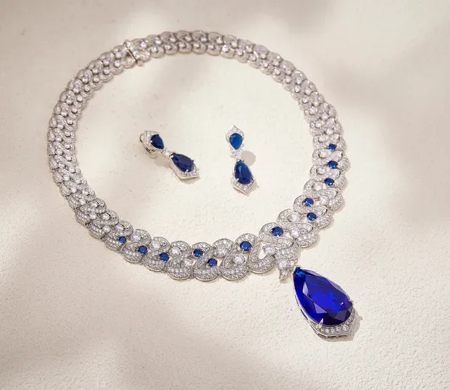 Pear-Shaped Blue Gemstone and Pavé White Stone Drop Earrings 3