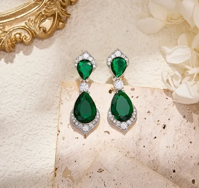 Pear-Shaped Blue Gemstone and Pavé White Stone Drop Earrings 6