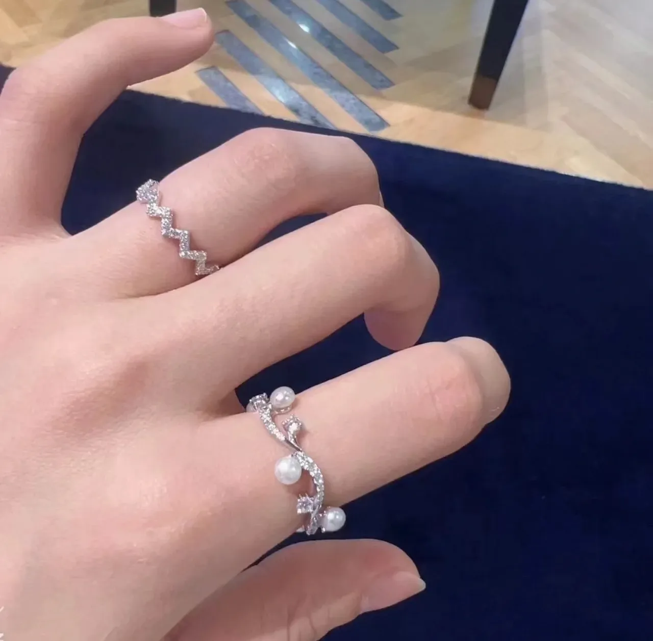 Pearl and Crystal Floral Vine Ring 3