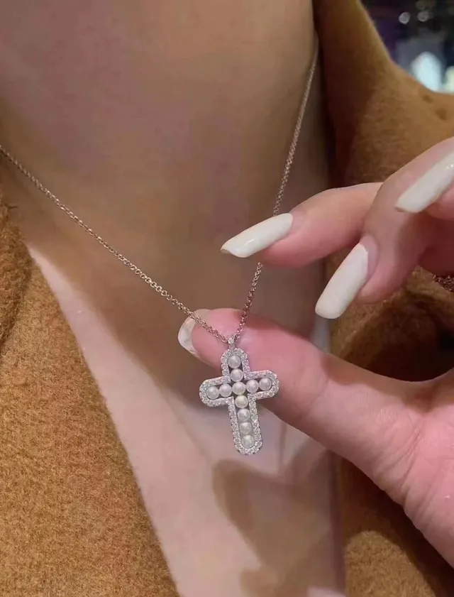 Pearl and Crystal Pavé Cross Pendant Necklace 4