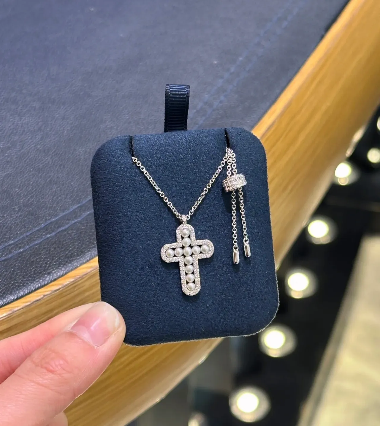 Pearl and Crystal Pavé Cross Pendant Necklace 6