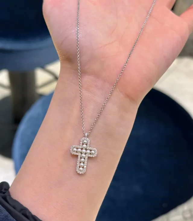 Pearl and Crystal Pavé Cross Pendant Necklace 7