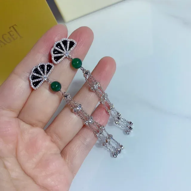 Piaget Fan Motif Green Jade and Pavé Earrings 3