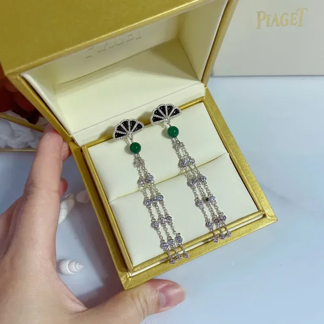 Piaget Fan Motif Green Jade and Pavé Earrings 5