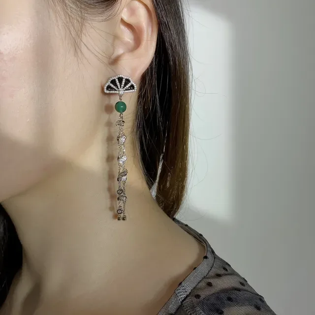 Piaget Fan Motif Green Jade and Pavé Earrings 9