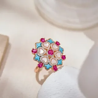 Pink Blue Floral Medallion Heart-Shaped Mother-of-Pearl Inlays Ring